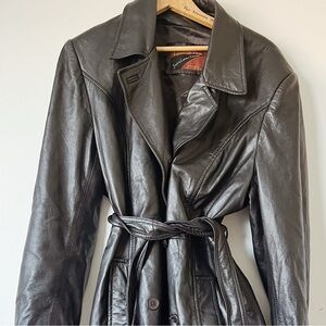 Vintage Black Leather Trench Coat | Size XL